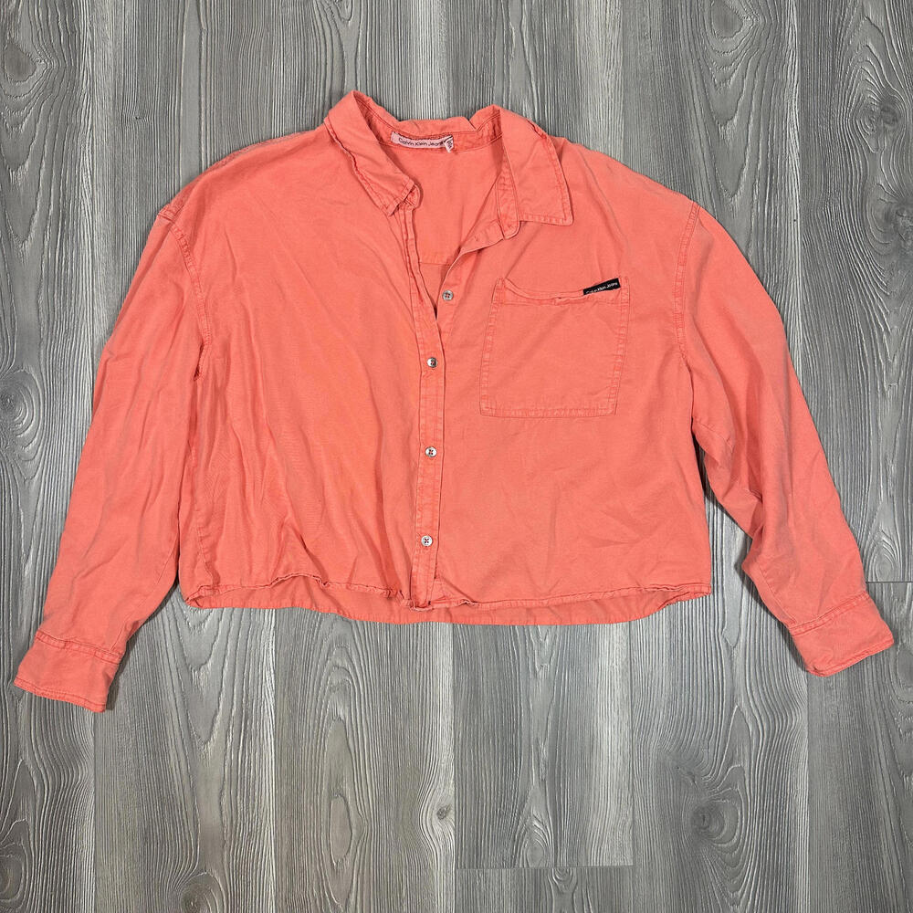 Calvin‎ Klein Women's Orange Cropped Button-Up Shirt